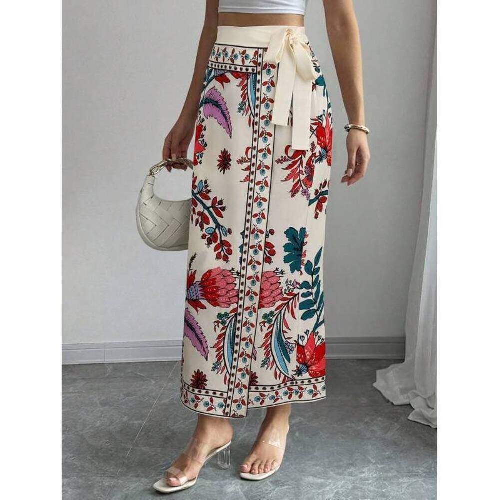 Elenzga Women's Summer Vacation Floral Print Wrap Tie Waist Skirt - Picture 3 of 4